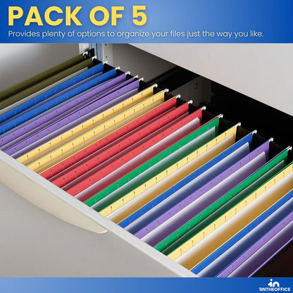 1InTheOffice Poly Expanding Hanging File Folders Letter Size, Hanging File Pocket, File Cabinet Dividers, Assorted, 5/Pack