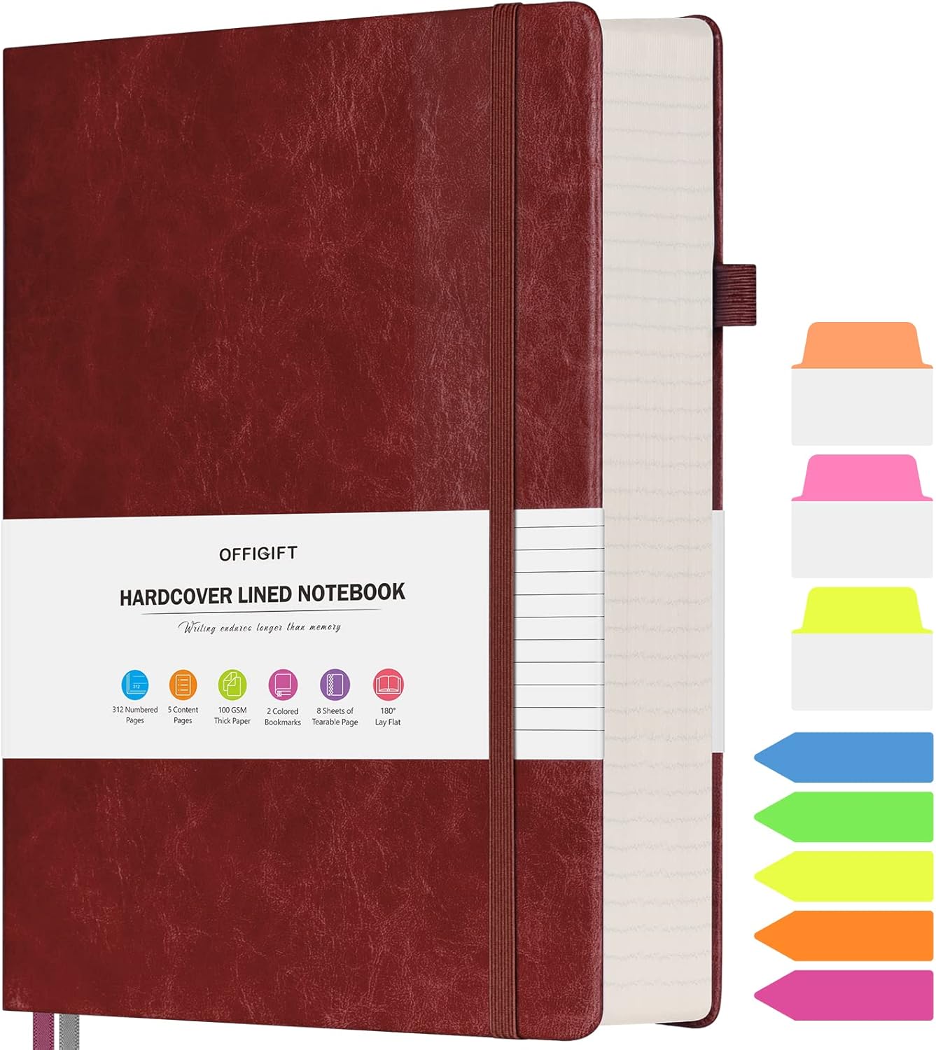 Lined Journal Notebook, Large A5 College Ruled Notebook, 312 Numbered Pages Work Notebook with Index Stickers, 100gsm Thick Paper, Hardcover Vegan Leather Journal for Women Men School Office, Black