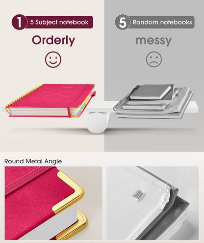 Hardcover Spiral Notebook Journal with Removable Dividers Tabs, 300 Pages Leather 5 Subject Notebook College Ruled, 8"x10" Large B5 Notebooks for Work School Note taking, Lined Journal for Women, Pink