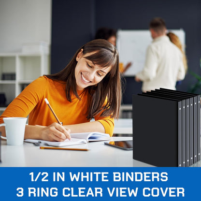 Fulmoon 12 Pcs Economy View 3 Ring Plastic Binder 12.2 x 9.8 Inch Plastic Round Ring Binders with Pockets Notebinder for Meetings for Home, Office, School(White, 1/2 Inch)