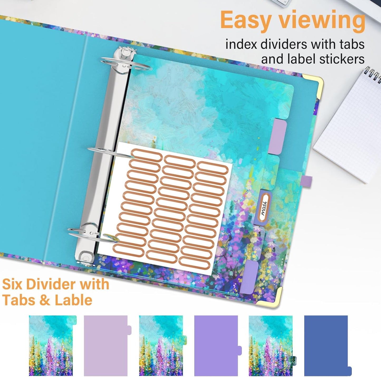 3 Ring Binder 3 Inch Ring, Three Ring Binders for Letter Size 11" x 8.5" with 6-Tab Dividers, 2 Pockets, Binder with Clip for School and Office Supplies-Wild Flowers