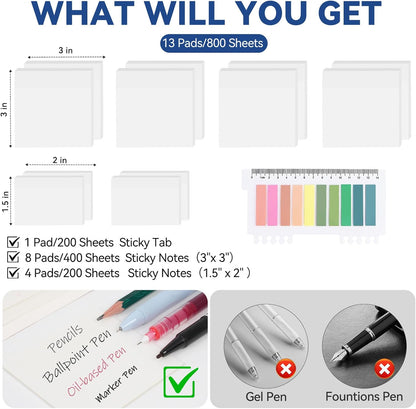 6 Pads Transparent Sticky Notes with Sticky Tabs, Tecolu 3x3 inch Clear Sticky Notes【Waterproof, 5X Adhesive Strength】, See-Through Translucent Sticky Notes for School Office Bible Study Supplies