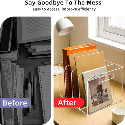 Acrylic Magazine File Holder, 3 Vertical Compartments Desk Document Sorter Organizer, Clear Folder Rack Binder for Office/Documents/Classroom, for Home, Tablet, Magazines, Books & Accessories