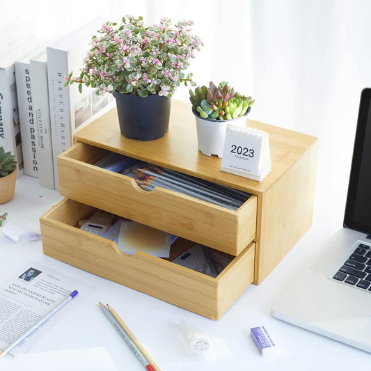 Charmewooden Bamboo Desk Organizer With Drawers Countertop Drawers Counter Storage Box Corner Desk Organizer for Home Office No Assembly Required (3 Drawers)