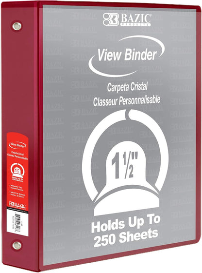 BAZIC Products 3 Ring Binder - Burgundy, Economy View Binder with Clear Overlay Cover and Round Rings, Organizer for School Office Home Use, 1.5-inch Capacity Holds 280 Sheets Paper, 1-Pack