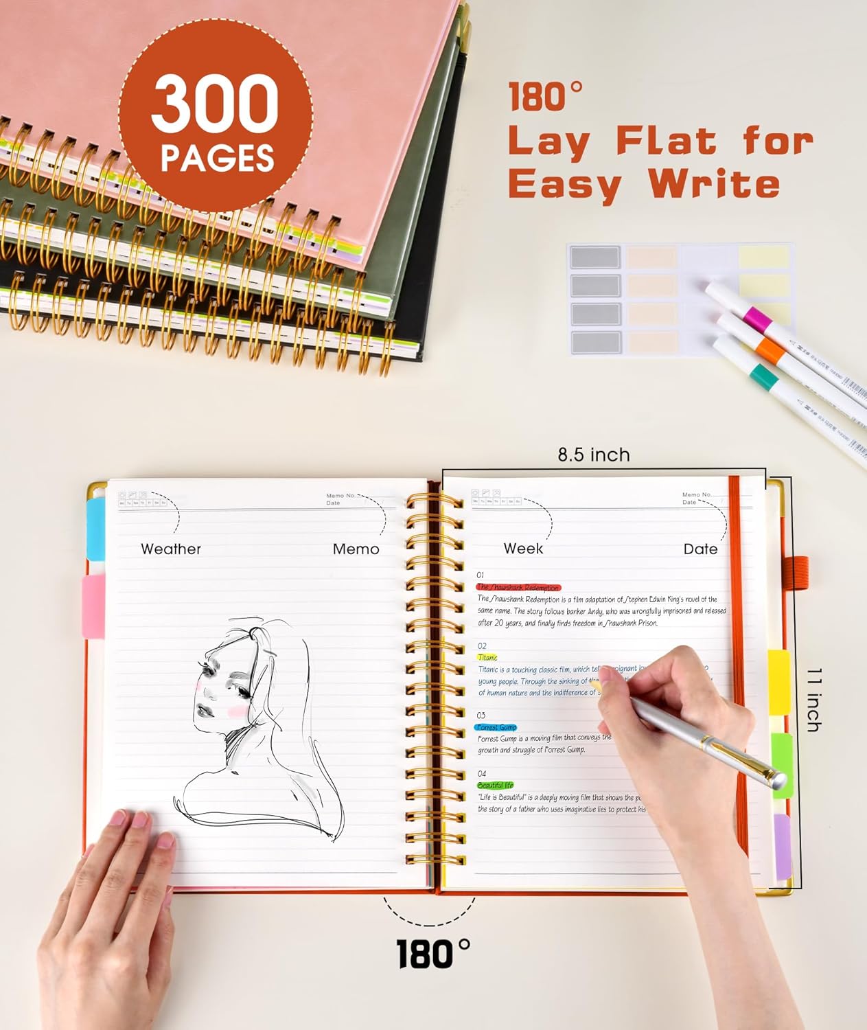 Hardcover Spiral Notebook Journal with Removable Dividers Tabs, 300 Pages Leather 5 Subject Notebook College Ruled, 8"x10" Large B5 Notebooks for Work School Note taking, Lined Journal for Women, Pink