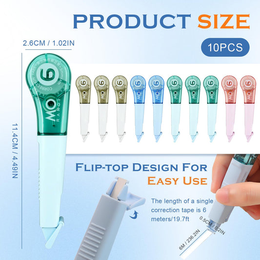 10 Pcs Correction Tape for Instant Error Fixing, Easy-to-Use Pen-Style Applicator, 1/5 Inch x 236 Inches, Aesthetic Office & School Supplies