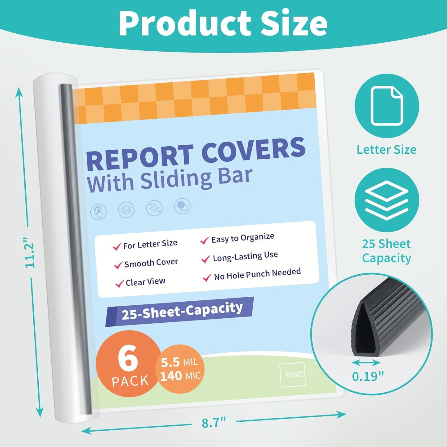 Binditek 12 Pack Clear Report Covers with Sliding Bars, 25 Sheet Capacity, 5mm Binding Bars, Letter Size, 5.5 Mil Thick, Black, for Students and Coworkers