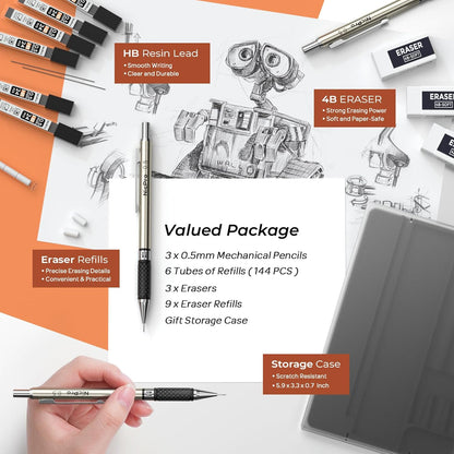 Nicpro 0.7 mm Art Mechanical Pencil Set in Storage Case, 3 PCS Metal Drafting Pencil Lead Pencil with 6 Tube HB Lead Refills, 3 Erasers, 9 PCS Eraser Refills for Artist Writing, Drawing, Sketching