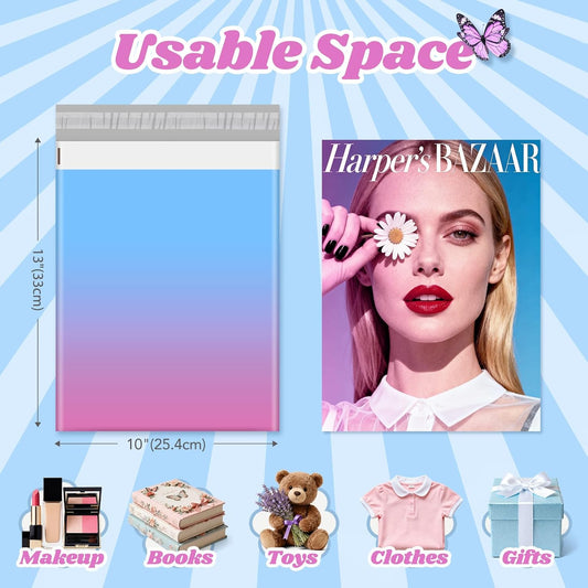 Metronic Cute Poly Mailers 10x13" 50pc Small Shipping Bags, Strong Adhesive Mailers Poly Bags for Business, Waterproof Mailing Envelopes for Packing Shipping Clothes Gifts, Gradient BluePink