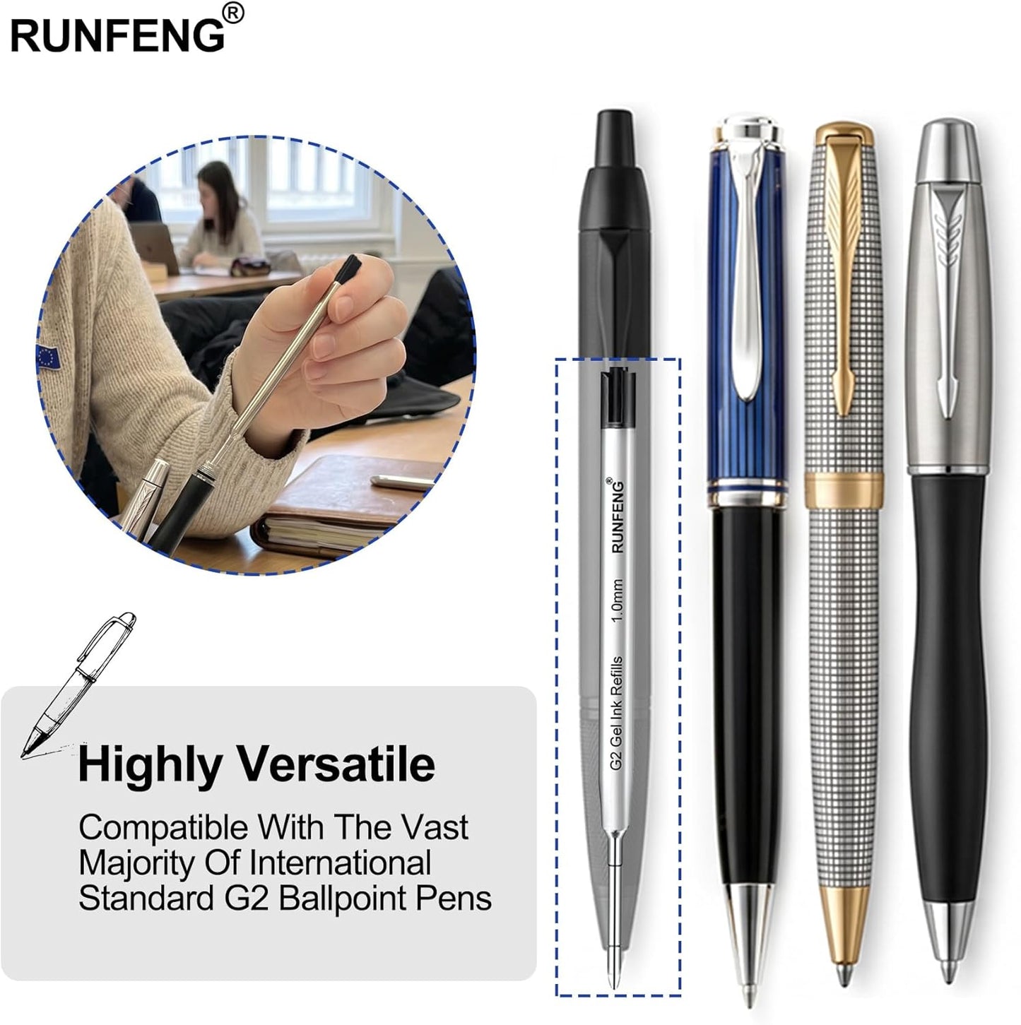 Pack of 10 Replaceable Ballpoint Pen Refills, G2 Gel Ink Refills,1mm Medium Point,Twist Pen Refill,Ball Point Pen Refills,Ink Refills for Pens,Black Ink Refills