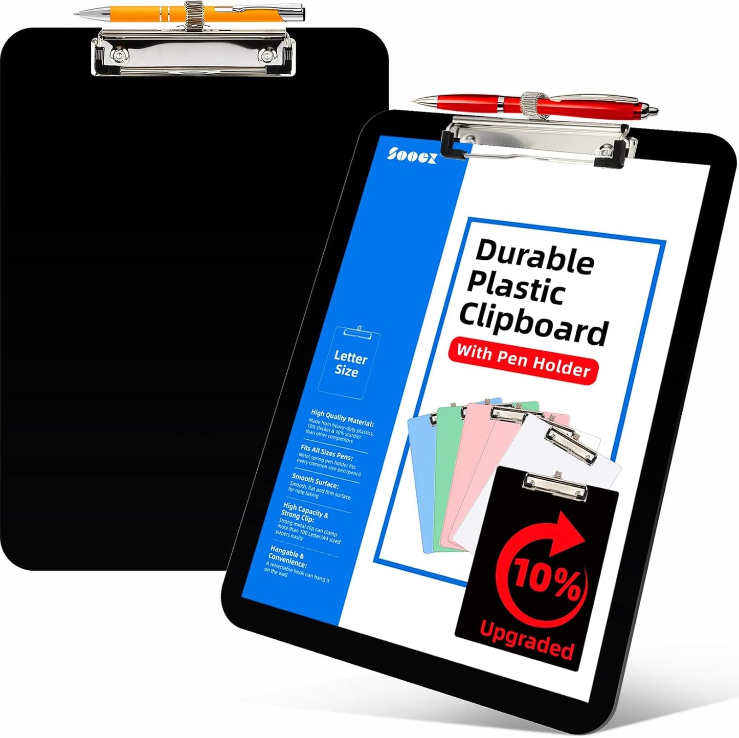 Sooez Plastic Clipboard with Pen Holder, [10% Thicker] Clip Boards 8.5x11 with Low Profile Clip, Cute Hanging Clipboard, Standard Letter Size A4 for Women Teacher, Office & School Supplies, Black