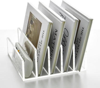 5 Compartments Clear Acrylic Mail Holder – Vertical Letter Sorter & Multifunction Desk Organizer for Bills, Documents, Notebooks – Modern Office/Home Envelope File Rack