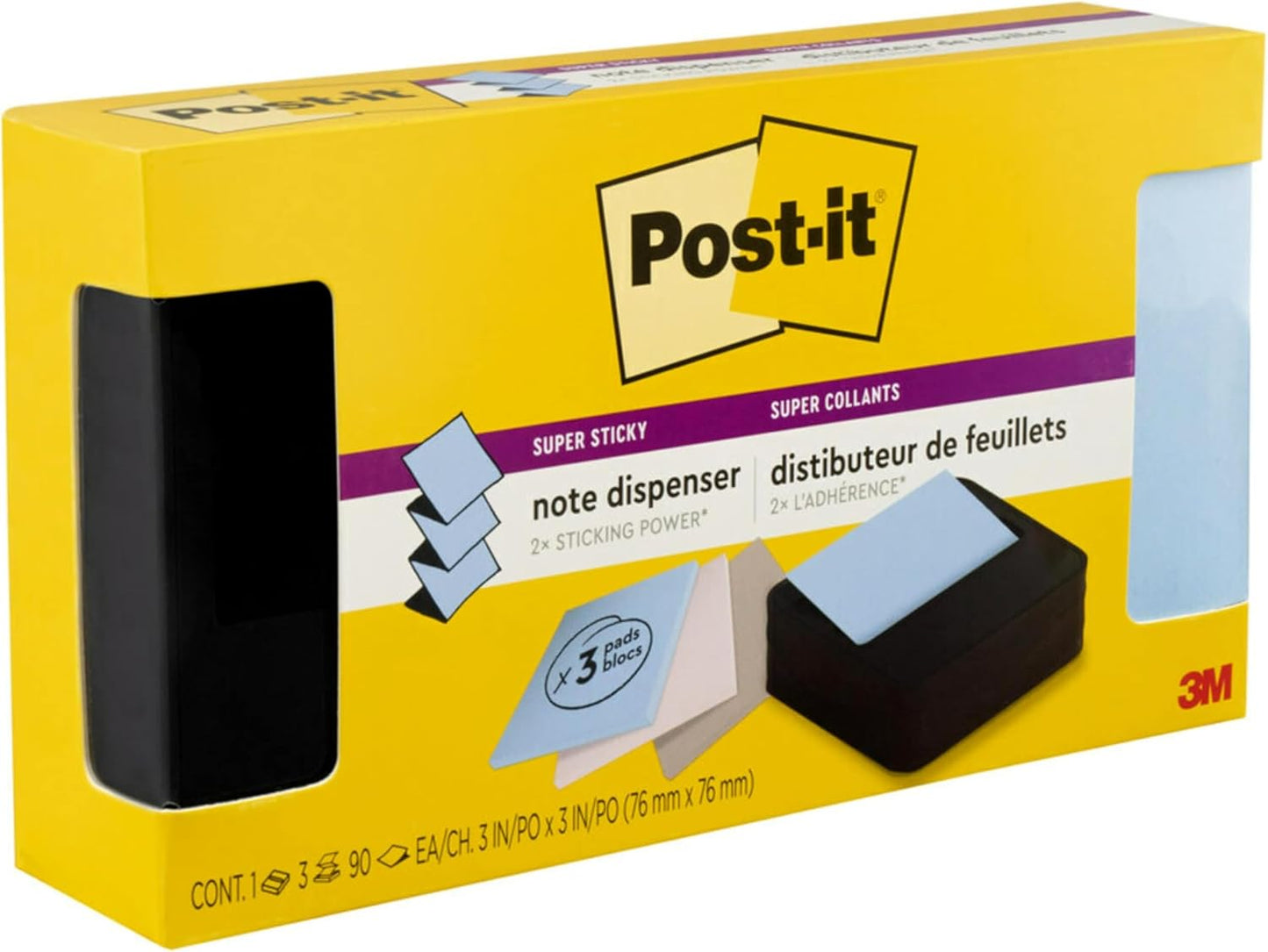 Post-it Note Dispenser, Sticky Note Holder, Black Wave Design, Includes 3 Pads of 90 Sheets of 3 in x 3 in Pop-Up Notes, Classroom or Office Supplies