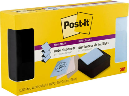 Post-it Note Dispenser, Sticky Note Holder, Black Wave Design, Includes 3 Pads of 90 Sheets of 3 in x 3 in Pop-Up Notes, Classroom or Office Supplies