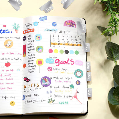 Outus 24 Pieces Monthly Adhesive Tabs for Planner - Designer Accessories Monthly Tabs Stickers Decorative for Office Planners Organizations Sturdy Notebook Planners Journal(Black)