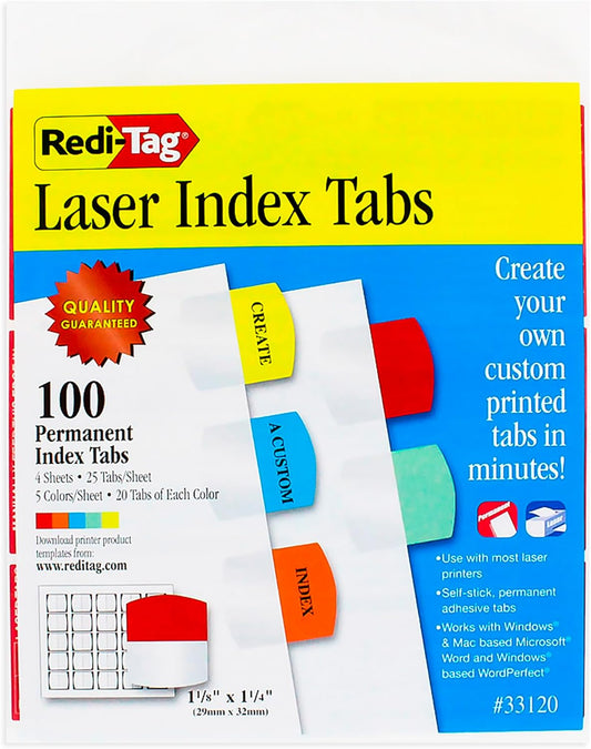 Redi-Tag Laser Printable Tabs, Permanent Index Tabs, Customizable Adhesive Labels, 5 Assorted Colors: Yellow, Red, Blue, Green, Orange, 1.125" x 1.25", 375 Per Pack (B39020)