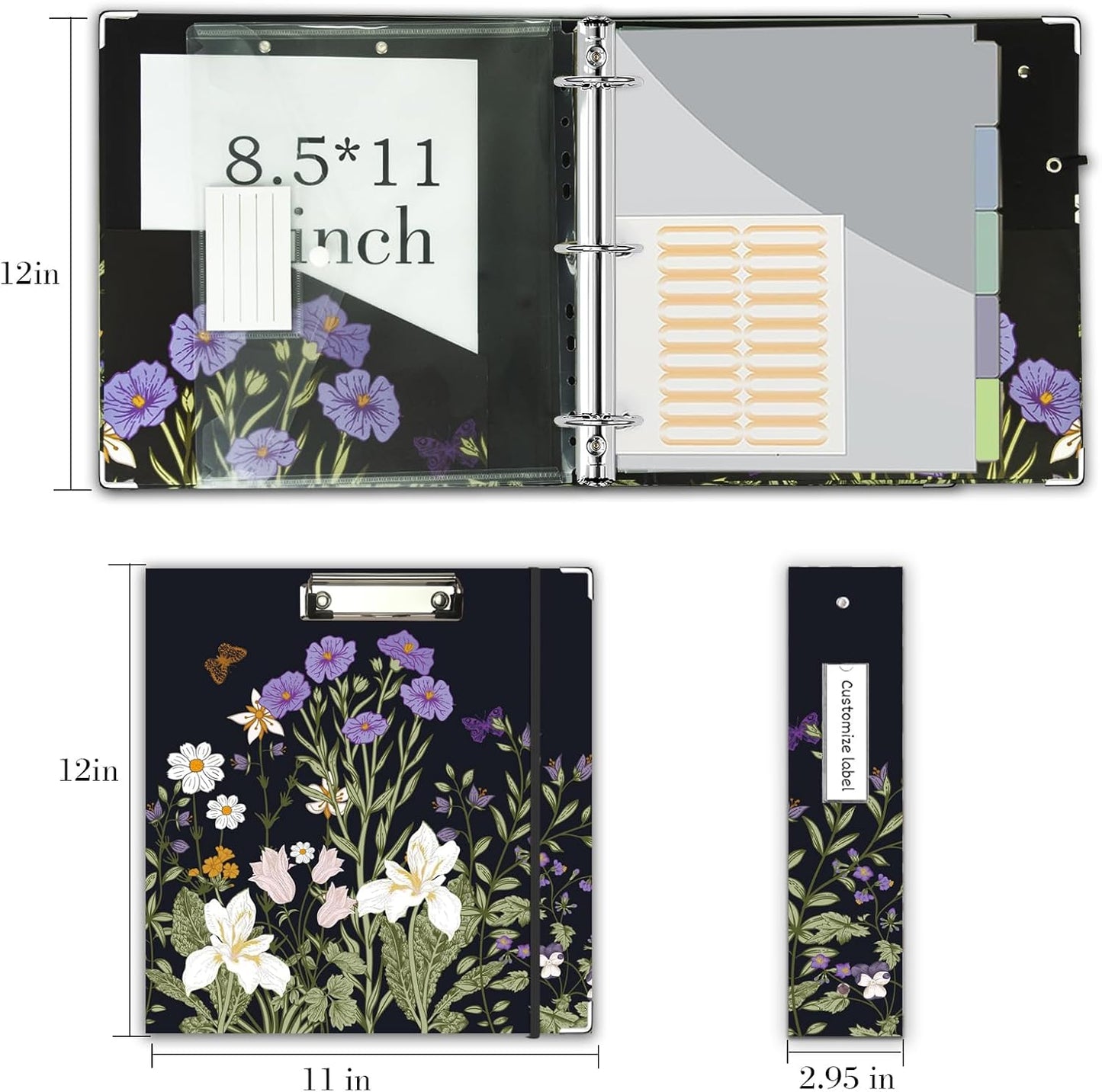 3 Ring Binder 1 Inch, Three Ring Binders Organizer with Clipboard, 5-Tabs Pockets Dividers, Plastic Folder, 18 Divider Stikers, BVSSX Pretty Binder with Pen Loop (Black Weeds, Letter Size)