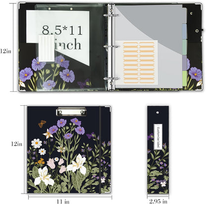 3 Ring Binder 1 Inch, Three Ring Binders Organizer with Clipboard, 5-Tabs Pockets Dividers, Plastic Folder, 18 Divider Stikers, BVSSX Pretty Binder with Pen Loop (Black Weeds, Letter Size)