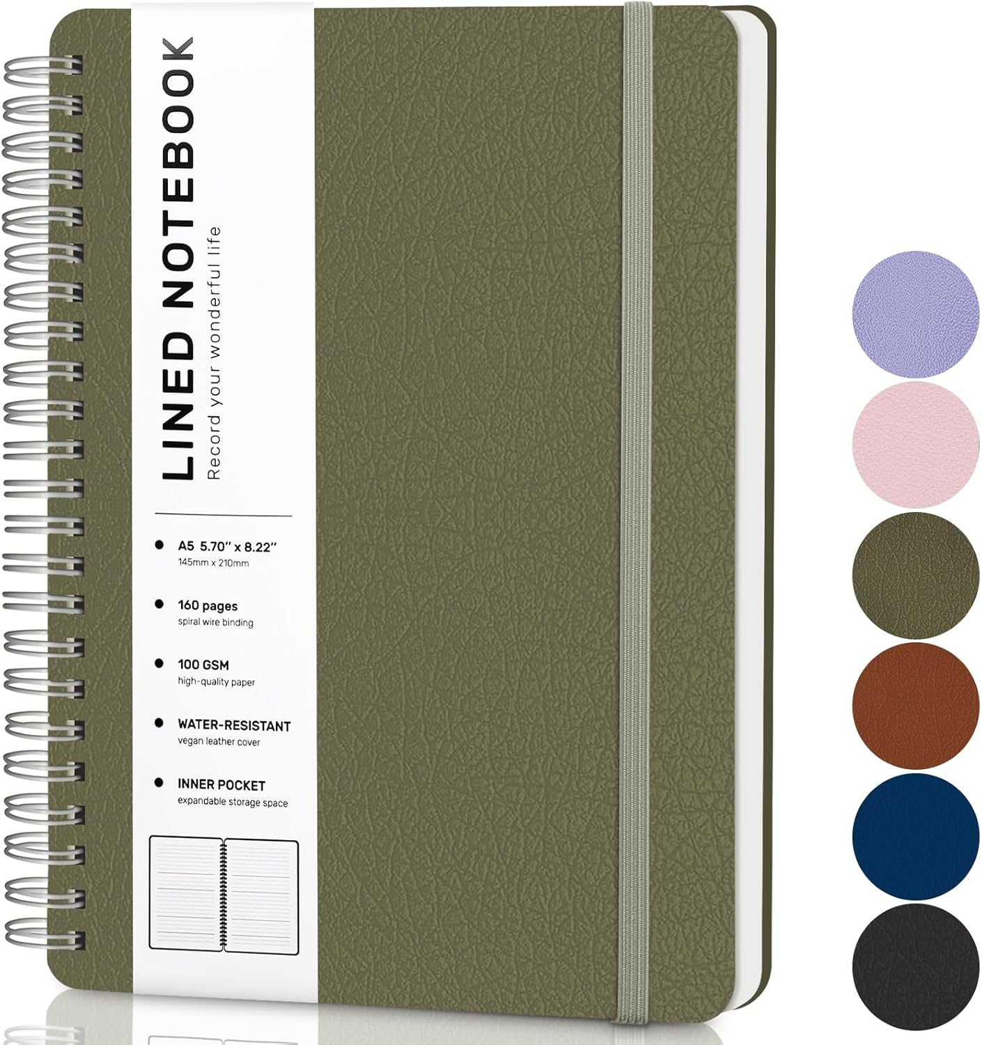 Lined Spiral Journal Notebook, A5 Hardcover Leather Notebook for Work, 5.7''×8.2'', 100GSM Thick Paper Spiral Bound Journaling Notebooks for Women & Men Office School Note Taking Business, Black