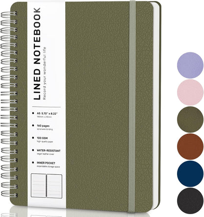 Lined Spiral Journal Notebook, A5 Hardcover Leather Notebook for Work, 5.7''×8.2'', 100GSM Thick Paper Spiral Bound Journaling Notebooks for Women & Men Office School Note Taking Business, Black