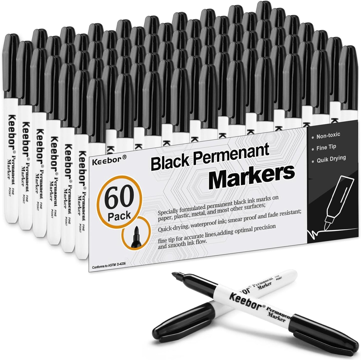 Keebor Permanent Markers Bulk, 60 Pack Black Permanent Markers, Quick Drying & Fade Resistant, Fine Point Marker Set for Wood, Plastic, Paper, Metal
