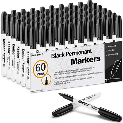 Keebor Permanent Markers Bulk, 60 Pack Black Permanent Markers, Quick Drying & Fade Resistant, Fine Point Marker Set for Wood, Plastic, Paper, Metal