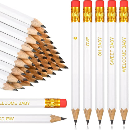 Crtiin 50 Pieces Baby Shower Pencils for Activities Mini Golf Half Pencils, Presharpened with Erasers, 4 Inch(Wood Color,Simple Style)