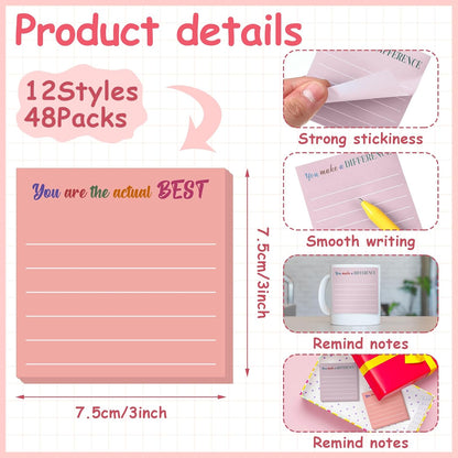 Yinder 48 Pcs Inspirational Sticky Notes Cute Motivational Sticky Notes Pad End of Year Employee Appreciation Gifts Bulk for Teacher Nurse Coworkers Office Supplies 3 x 3'' (Thank You,Dark Color)
