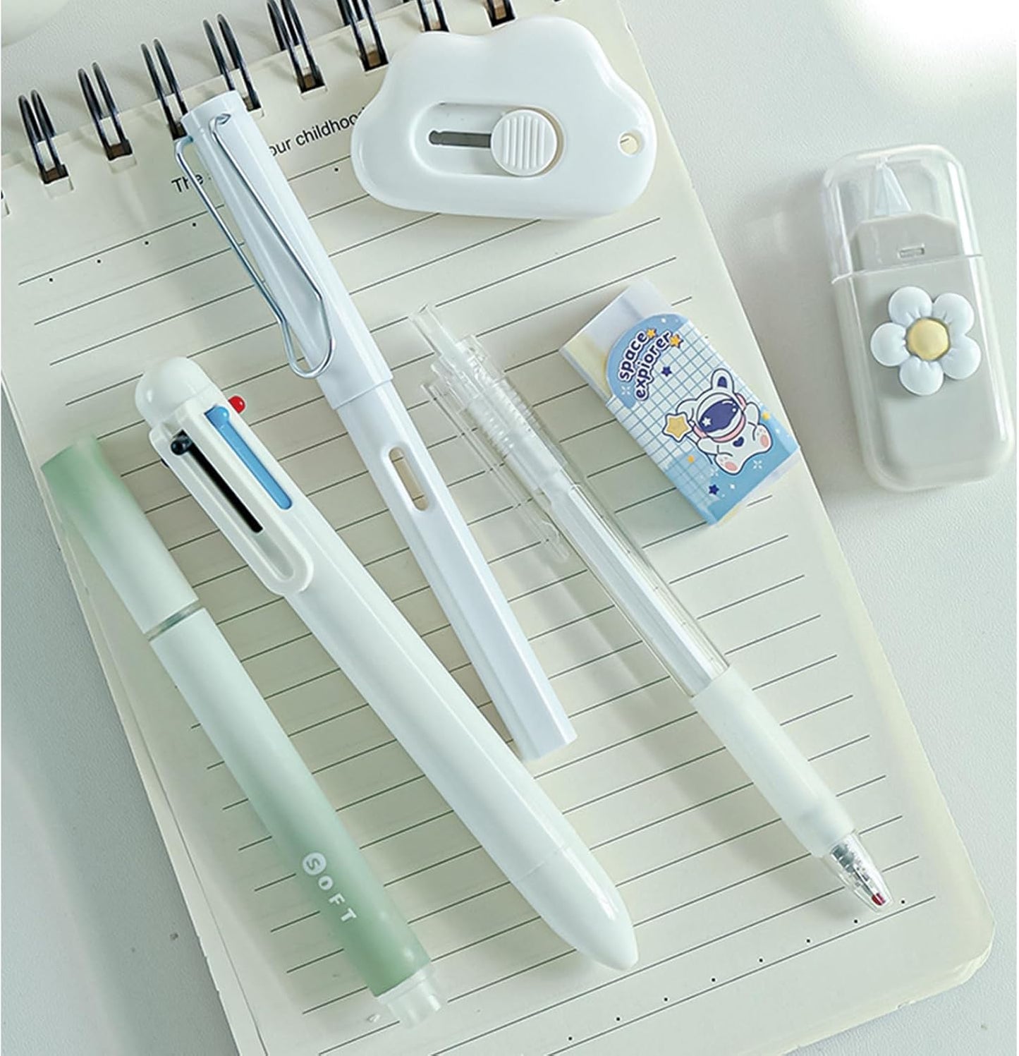 7 Pcs Cute Blue Stationery Set Kawaii School Supplies Office Supplies Including Ballpoint Pens Pencil Sharpener Highlighter Correction Tape Ruler Utility Knife (Blue)