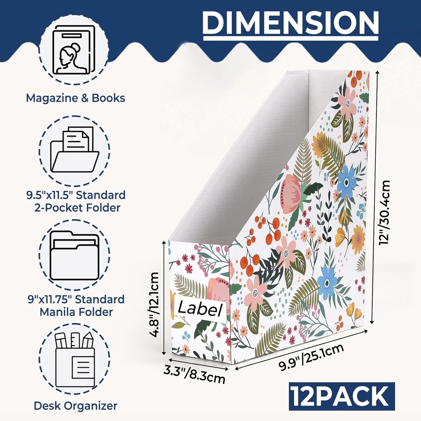 EXYGLO 12 Pack Brown Magazine File Holder, Cardboard Magazine Rack with Label, Foldable Storage Organizer Box for Book, Documents, 10x3.3x12 Inches