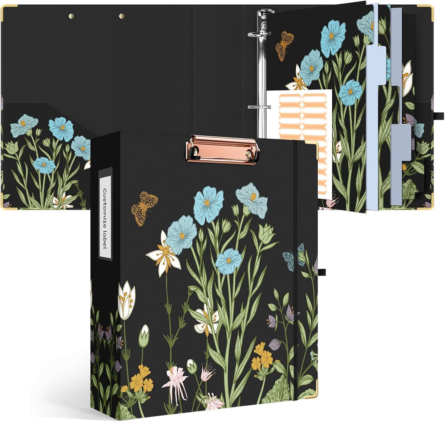 Ospelelf Binder 3 Ring 1 Inch, Floral Round Ring Clipboard Binder for Letter Size with 5 Tab Dividers, File Folder Labels, for School and Office Supplies