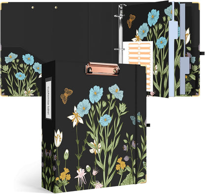 Ospelelf Binder 3 Ring 1 Inch, Floral Round Ring Clipboard Binder for Letter Size with 5 Tab Dividers, File Folder Labels, for School and Office Supplies