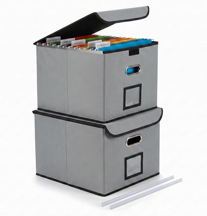 CADONO File Organizer Box with Lid, Large Hanging File Folder Organizer with Plastic Slide, Collapsible Portable Filing Storage Boxes for Office/Decor/Home (Black, 14.9 x 12.59 x 10.8 inch)