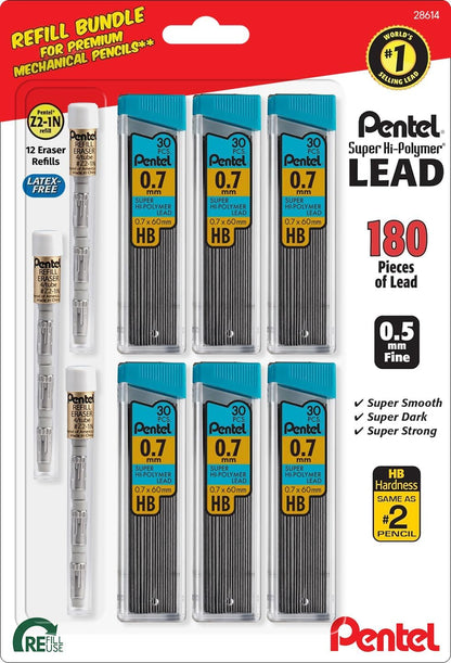 Pentel Super Hi-Polymer HB 7mm Lead Refill Pack - 6 Packs of 30 Leads & 3 Packs of 4 Latex-Free White Erasers - Mechanical Pencil Refills