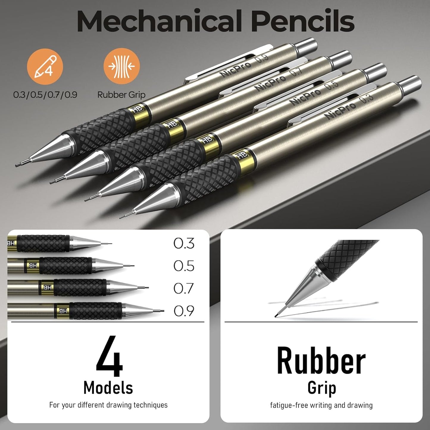 Nicpro 35PCS Art Mechanical Pencil Set, 3 PCS Metal Drafting Pencil 0.5 mm & 0.7 mm & 0.9 mm & 3 PCS 2mm Lead Holder (6B 4B 2B HB 2H 4H Colors) For Sketching Drawing With 20 Tube Lead Refills Case