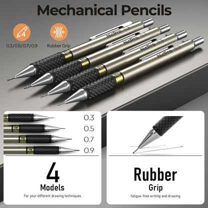 Nicpro 35PCS Art Mechanical Pencil Set, 3 PCS Metal Drafting Pencil 0.5 mm & 0.7 mm & 0.9 mm & 3 PCS 2mm Lead Holder (6B 4B 2B HB 2H 4H Colors) For Sketching Drawing With 20 Tube Lead Refills Case