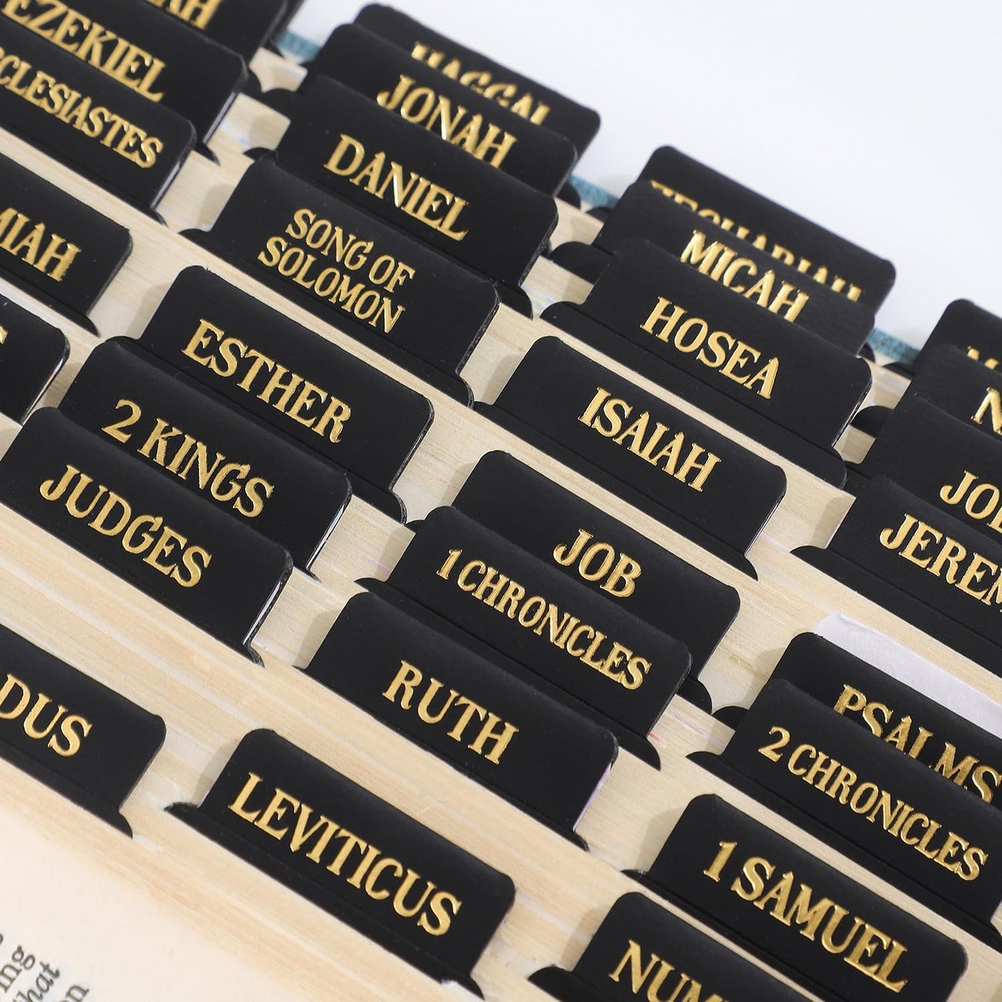 Laminated Bible Tabs, Gold Foil Embossed Lettering Bible Chapter Index Tabs for Women Men, Reposition Large Print Sticky Labels, Easy to Read and Apply, 105Chapters Labels for Easy Navigation (Black)