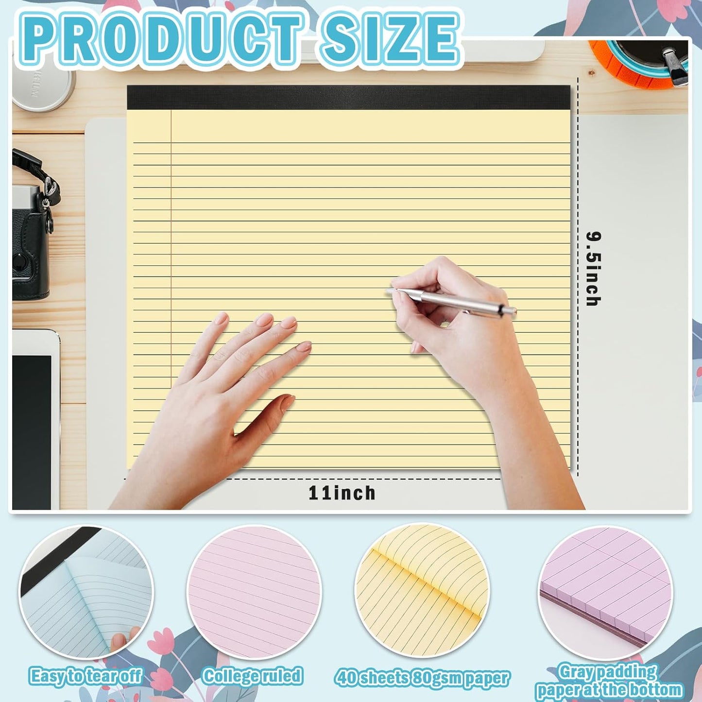 gisgfim 4 Pack 11" x 9.5" Legal Pads College Ruled Notepad Landscape Notebook 80 GSM Horizontal Lined Notebook Writing Pads Aesthetic Legal Pad for School Office Business (Pastel)