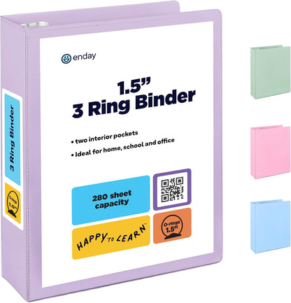 Enday 1.5 Inch Binder, Green - 1.5 Inch 3 Ring Binder, Round Ring Pastel with Clear View Cover for Letter Size 8.5 x 11'' Paper & 2 Inside Pockets, Ideal for School Supplies, Office, and Home