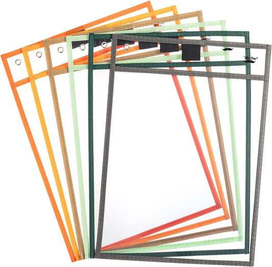 Mr. Pen Dry Erase Pocket Sleeves, 6 Pack, 10x14 inches, Multicolored Border, Plastic, Reusable Dry Erase Sheet Protectors