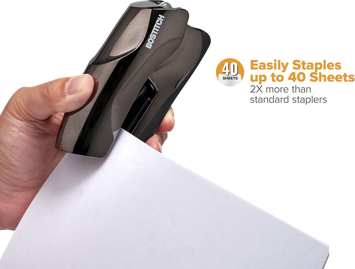 Bostitch Office Heavy Duty Stapler, 40 Sheet Capacity, No Jam, Half Strip, Fits into the Palm of Your Hand, For Classroom, Office or Desk, Black