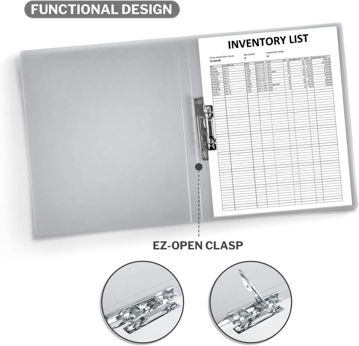 CRANBURY Punchless Clamp Binder (Dusky Gray), Ringless Binder Holds 100 Letter Size Pages, Documents, 8.5x11 Folder with Metal Clip for Home or Office, Transparent Acid-Free Poly