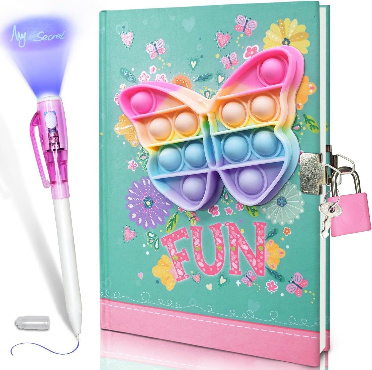 Pop Girls Diary with Lock and Invisible Ink Double-end Pen, 7.5x5.4” 160 Lined Page Fidget Colorful Heart Girls Journal for Kids Secret Notebook Pen Set Birthday Gifts for Girls 5 6 7 8 9 10 Years Old