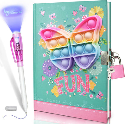 Pop Girls Diary with Lock and Invisible Ink Double-end Pen, 7.5x5.4” 160 Lined Page Fidget Colorful Heart Girls Journal for Kids Secret Notebook Pen Set Birthday Gifts for Girls 5 6 7 8 9 10 Years Old