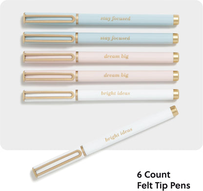 U Brands Catalina Felt Tip Pens, Set of 6 Black Ink Pens, Soft Touch Jewel Tones, Gold Details, Medium (0.7 mm) Point