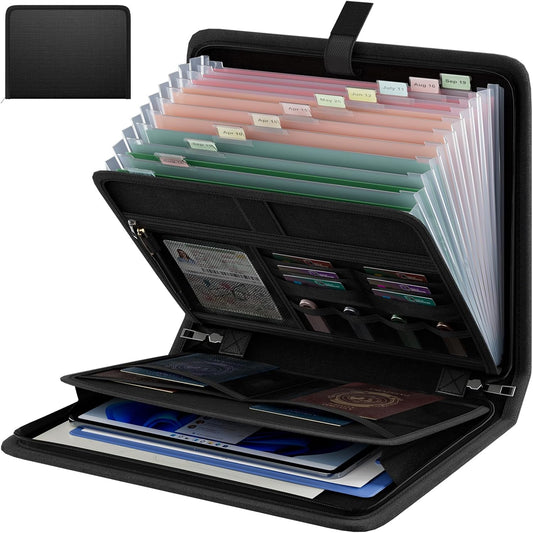Fireproof Accordion File Organizer, Portable Expanding File Folder with Waterproof Zipper&Labels, Khaki Document Organizer with 13 Pockets, File Organizer for Important Document/Paper Storage