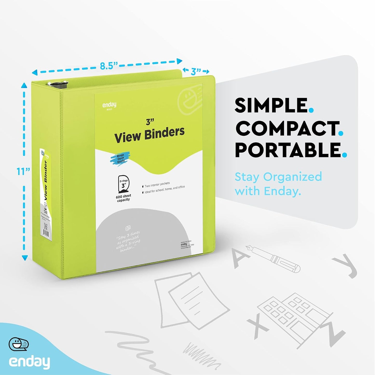 3 Inch Binder 3 Ring Binders Green, Slant D-Ring 3” Clear View Cover with 2 Inside Pockets, Heavy Duty Colored School Supplies Office and Home Binders – By Enday