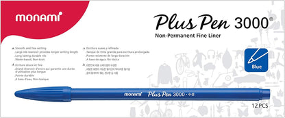 MONAMI Plus Pen 3000 Felt Tip Pens, Fine Point (0.4mm), Fine Liner, Writing/Journaling/Note Taking at home, school and office, Blue, 12-Count