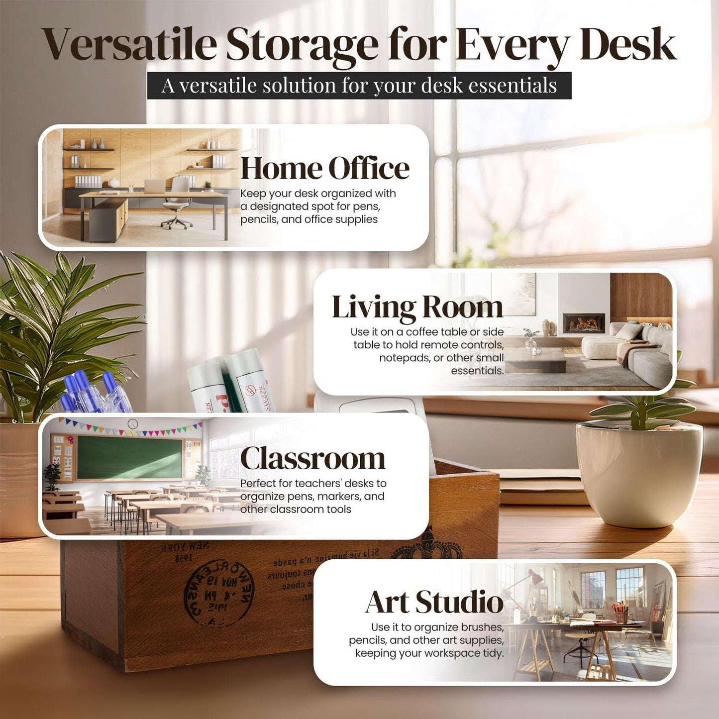 Flexzion Rustic Wooden Pencil Holder for Office - 3 Slots - Desk and Table Storage Organizer - Multifunctional Remote Control Holder for Home, School and Office